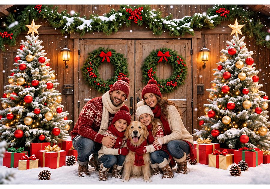 Christmas Barn Door Backdrop Snowy Trees Wreaths Red Gold Ornaments Gifts Rustic Winter Holiday Party Photography Background