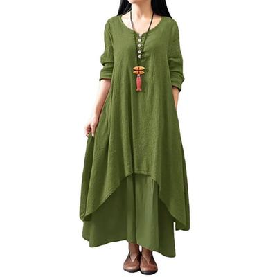 Women Maxi Dress with Pockets Ninth Sleeves Round Neck Irregular Layered Hem Beach Dress Plus Size Loose Solid Color Dress for Dating Daily Wear