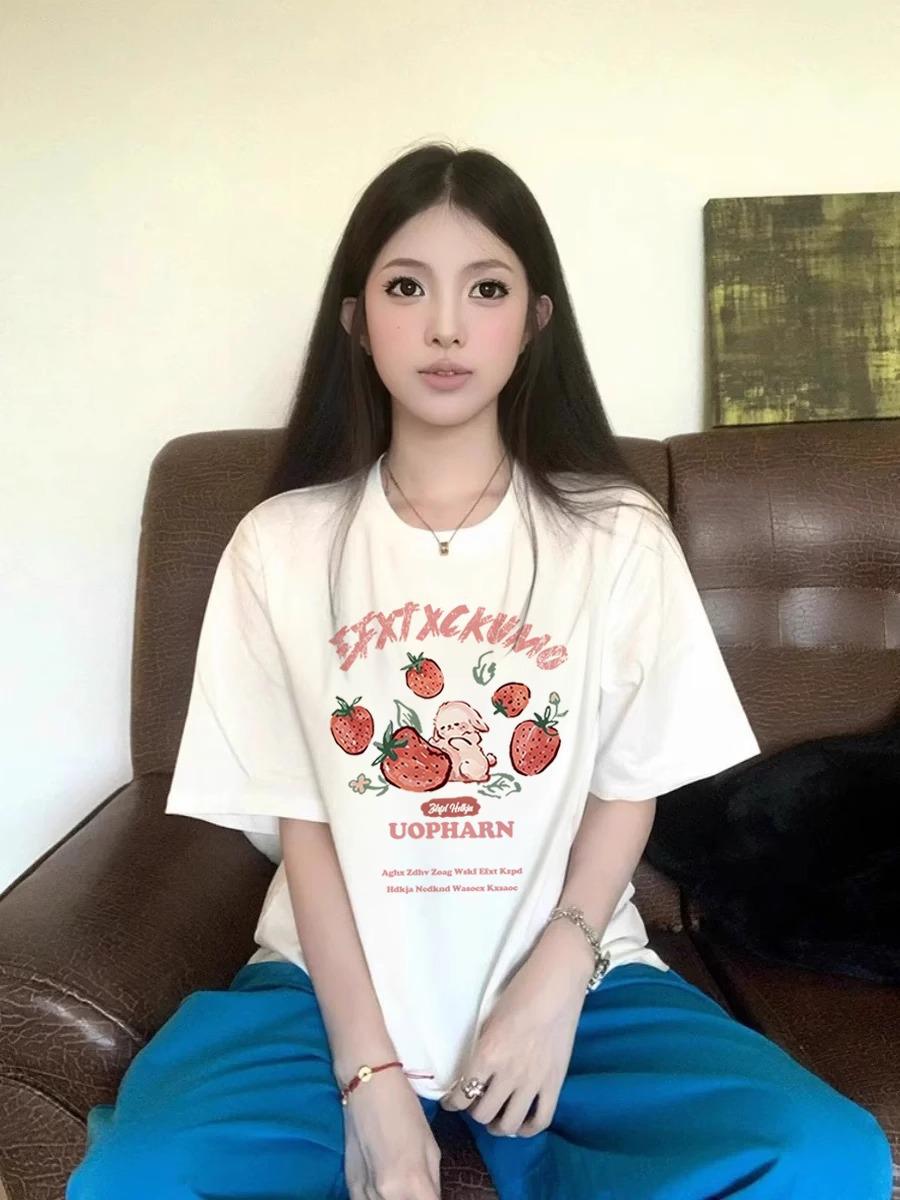 

Women s 2025 American Style Loose White Short-Sleeve Cotton T-Shirt M вина червоного кольору