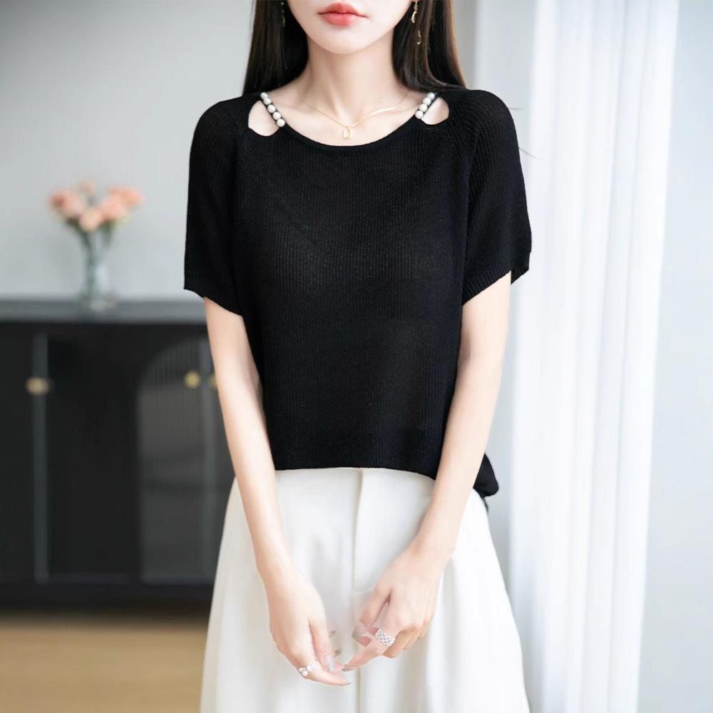 Summer's New Versatile Short-sleeved Knitted Short-sleeved Women's Round-neck, Hollowed-out Collarbone Beaded Versatile Top T-shirt Base Layer