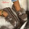 Aphixta Furry Crystal Bow Dec Women's Casual Shoes 3cm Flat Platform Loafers Short Plush Warm Autumn Winter Woman Flats Size 43