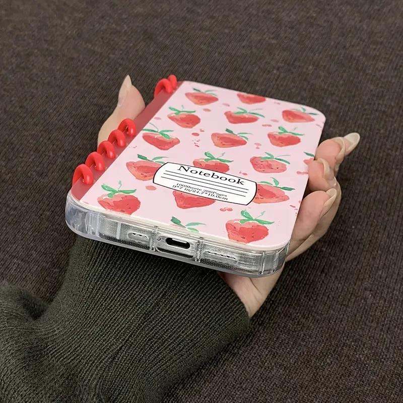 Cute Strawberry Fruit Flip Phone Case For iPhone 17 Air 16 15 14 13 12 11 Pro Max Plus Coil Notebook Shape Shockproof Cover