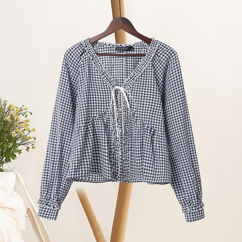 ZANZEA Women Casual V-Neck Plaid Print Loose Long Sleeve Blouse