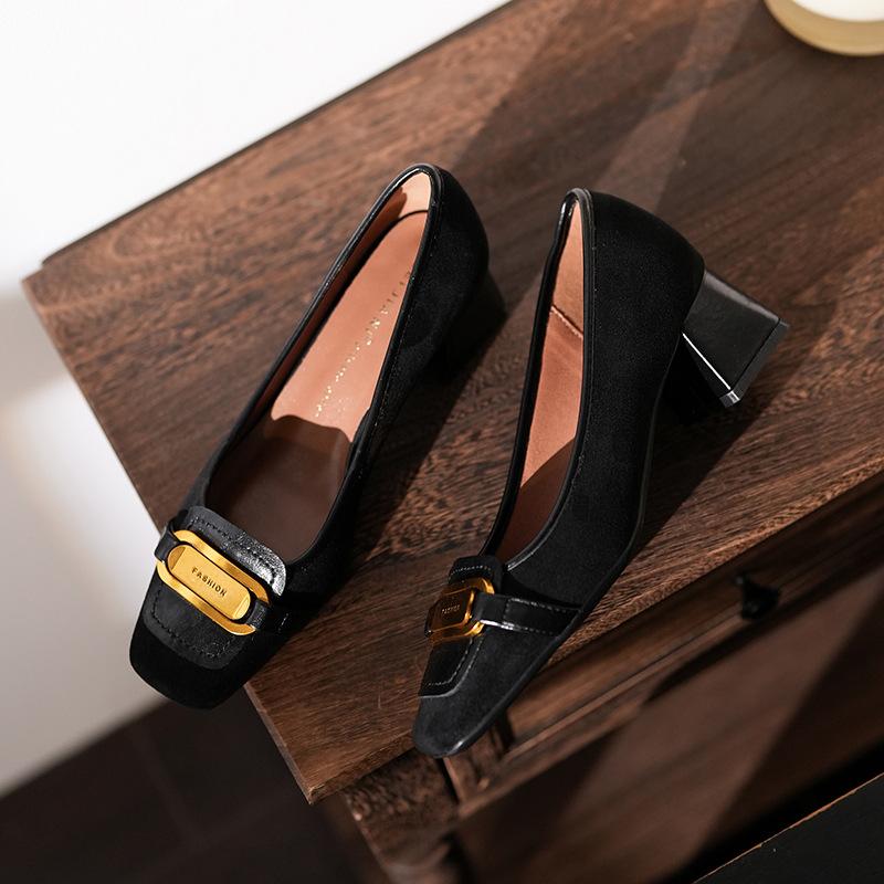 Commuter sheepskin temperament. CM high-heeled single shoes women's versatile square head metal buckle matte thick heel shallow mouth