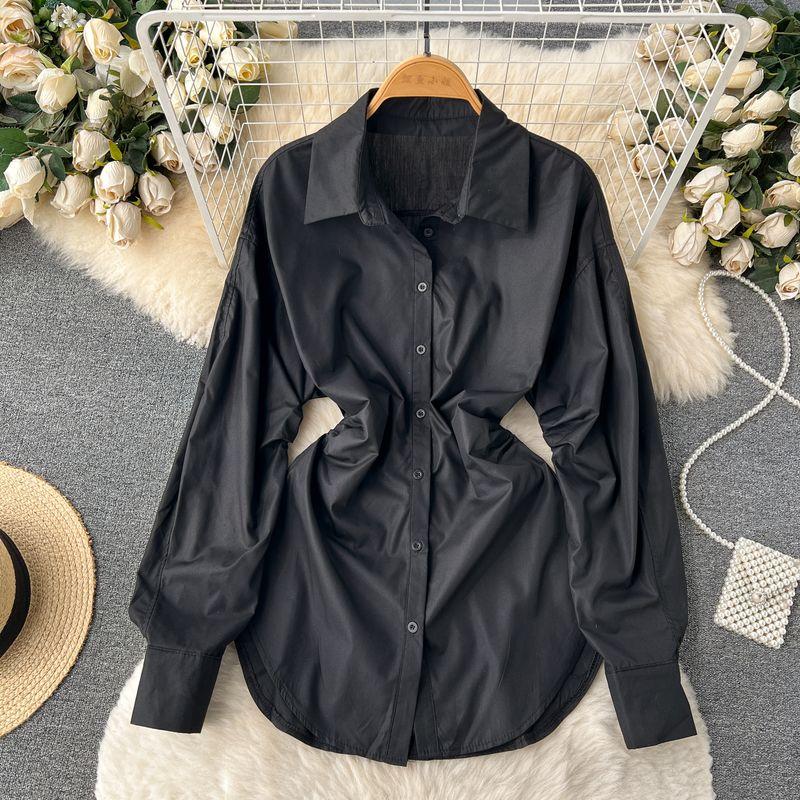 

Retro Waist-Controlled Long Sleeves Pure Color Chic Peplum Top Black One size