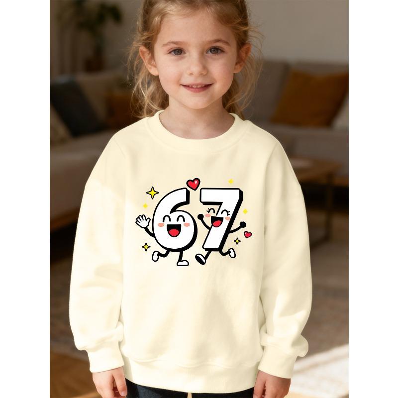 Kids Unisex Crewneck Sweatshirt, Cute Cartoon Smiley Number 67 With Heart Star Print Long Sleeve, Kids Sweatshirt For Boys Girls Over 4 Years Old
