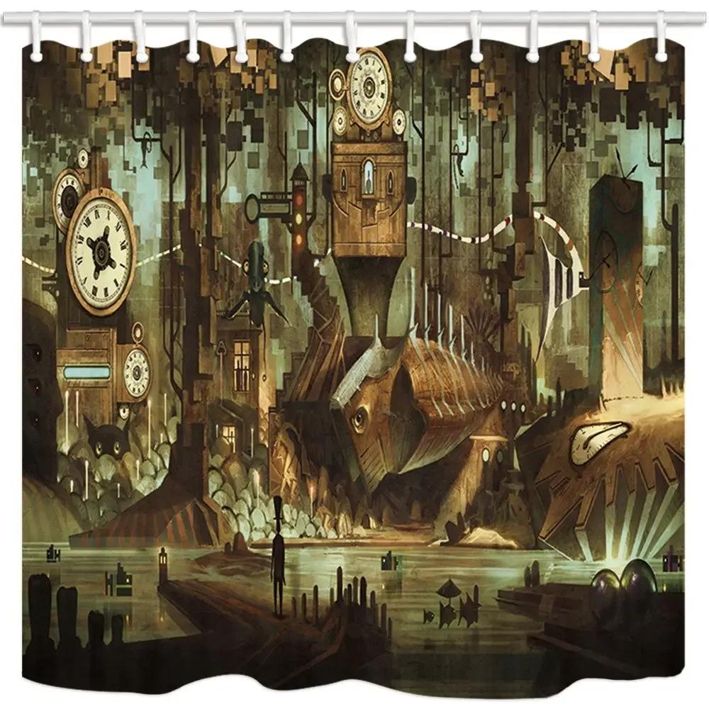 Retro Steampunk Clocks and Gears Shower Curtain Mechanical Clocks Details Over Old Metal Cloth Fabric Bathroom Curtain Set,hooks