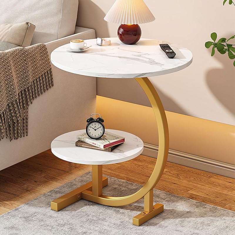 2 Tier End Table, C Shaped Side Table with Metal Frame, Small Coffee Table with Storage, Round Sofa Table for Living Room, Bedside Table for Bedroom,