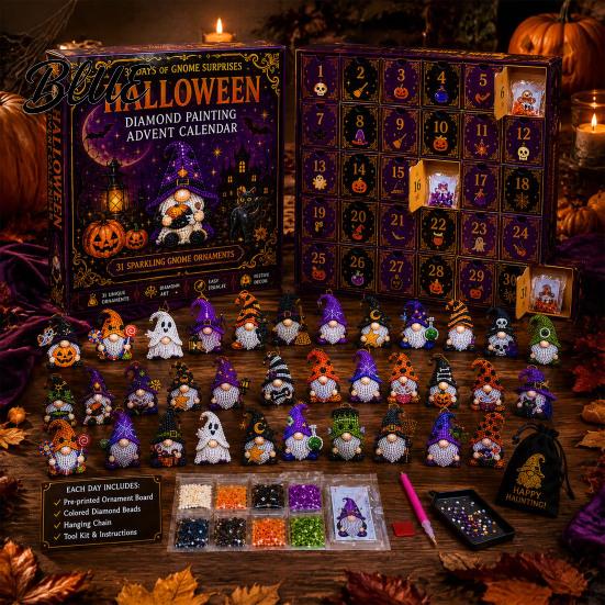 Calendario dell'Avvento di Halloween 31 Giorni Calendario Gnomo Natale Fai da Te Diamond Art Finto Collezione di Ciondoli Kit per Artigianato Ornamenti da Appendere per le Feste