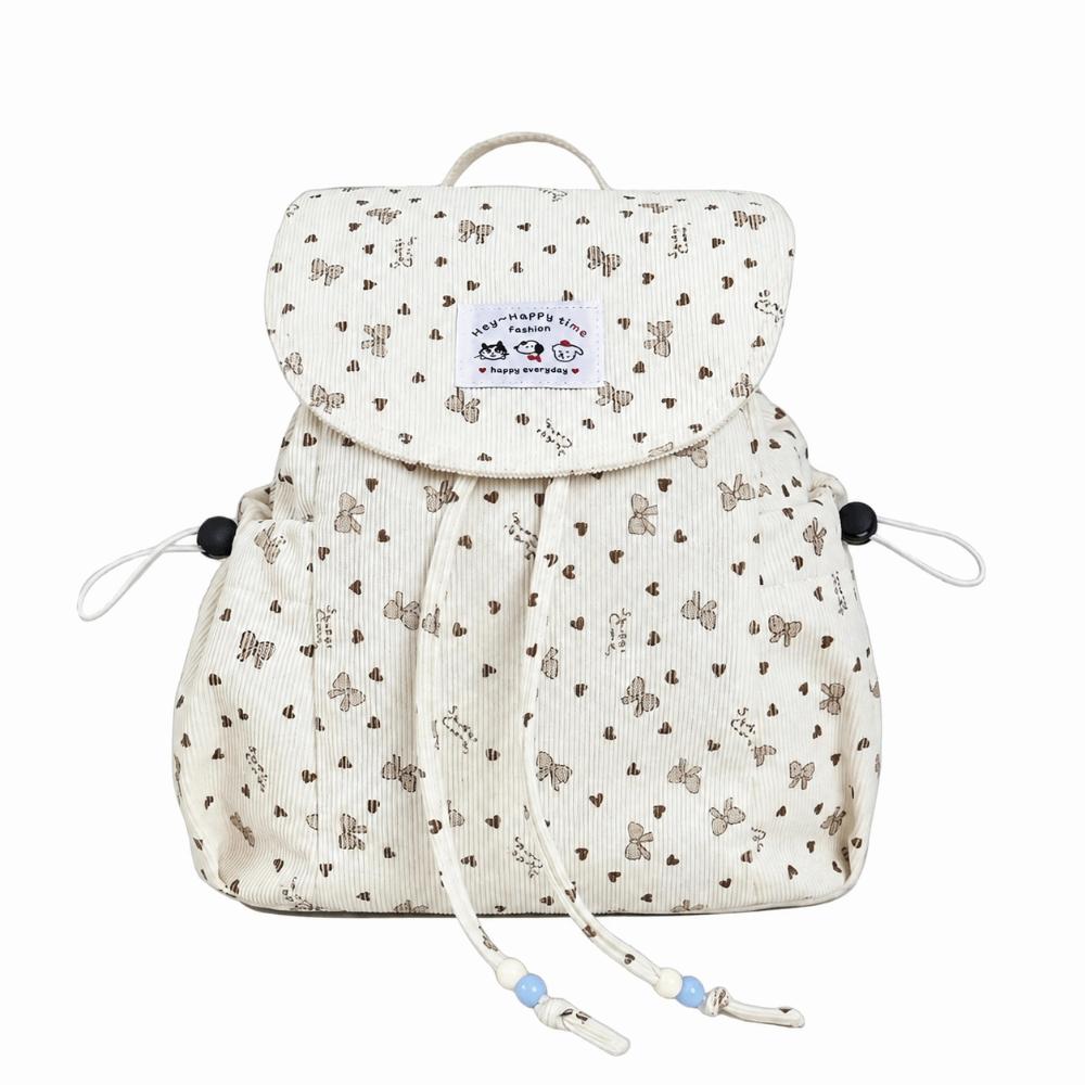 Lightweight Drawstring Daypack Casual Bookbag Fashionable Bow Print Corduroy Backpack Spring