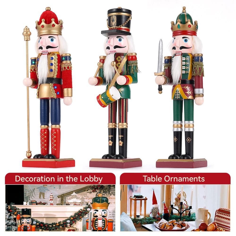 3Pcs 30CM Wooden Nutcracker Puppet Figurine Hand Painted Nutcracker Soldier Model Doll Christmas Ornaments Home Decoration