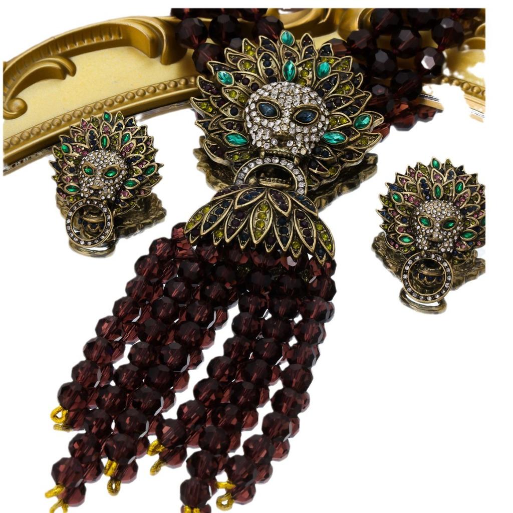 Vintage Palace Full Set Lion Head Heavy Industry Multi Layer Tassel Necklace Earpiece