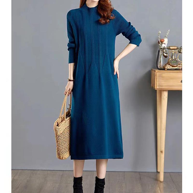 Knitted Dress for Women In Autumn and Winter Long Loose Solid Color Knee-length Sweater Dress Jacquard Half Turtleneck Sweater