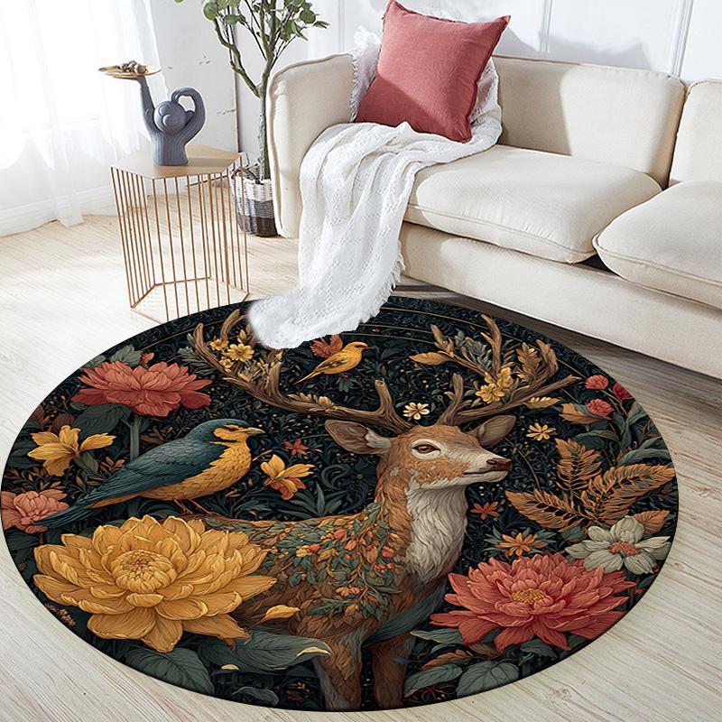 Deer in the Garden Round Area Rug,Carpet Rug for Living Room Bedroom Sofa Playroom Decor,Non-slip Floor Mat