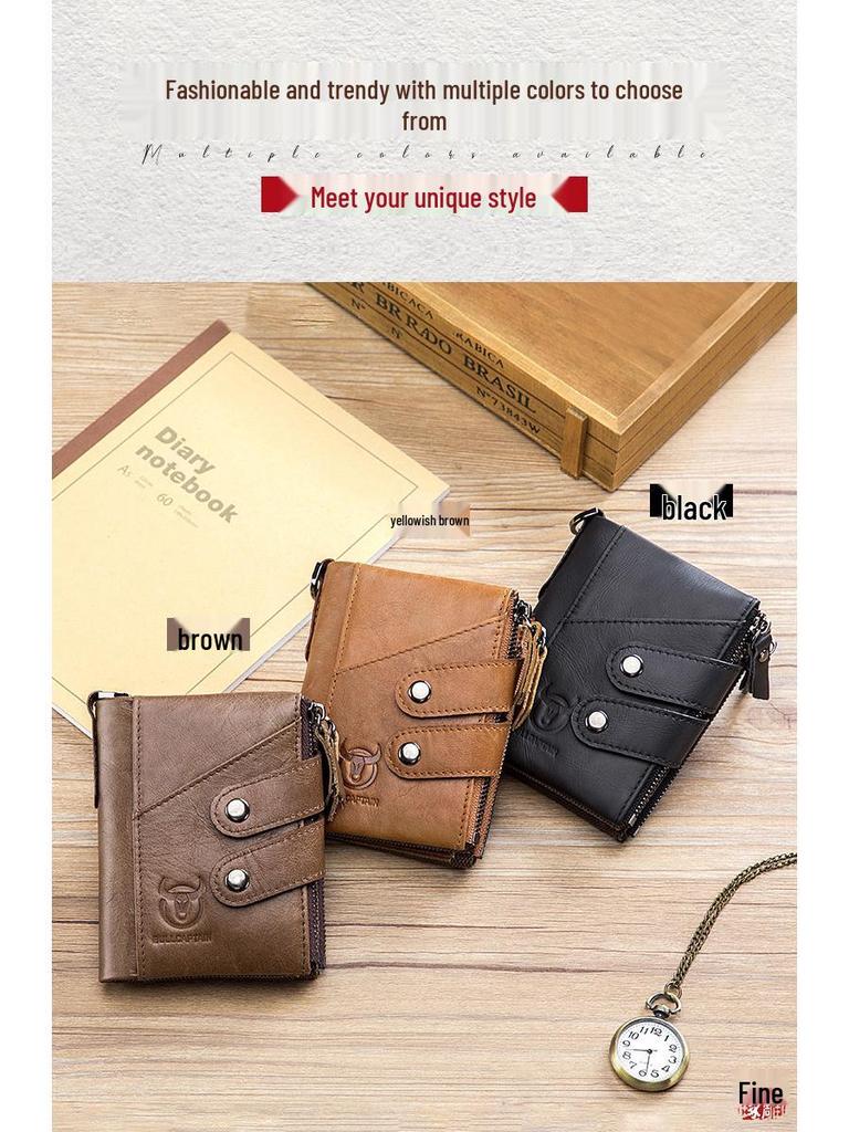 Cow Captain Vintage RFID Men's Trifold Zipper Wallet - Genuine Leather & Top Layer Cowhide