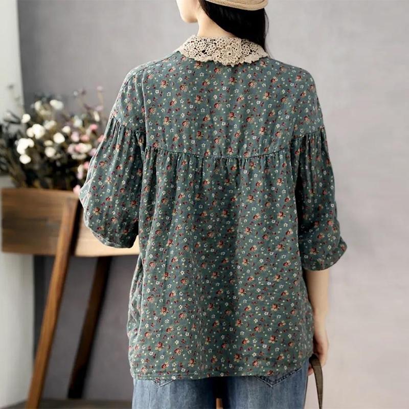 Spring Autumn Lace Patchwork Shirt Women Floral Print Shirt Ladies Loose Casual Vintage Long Sleeve Pullover Top
