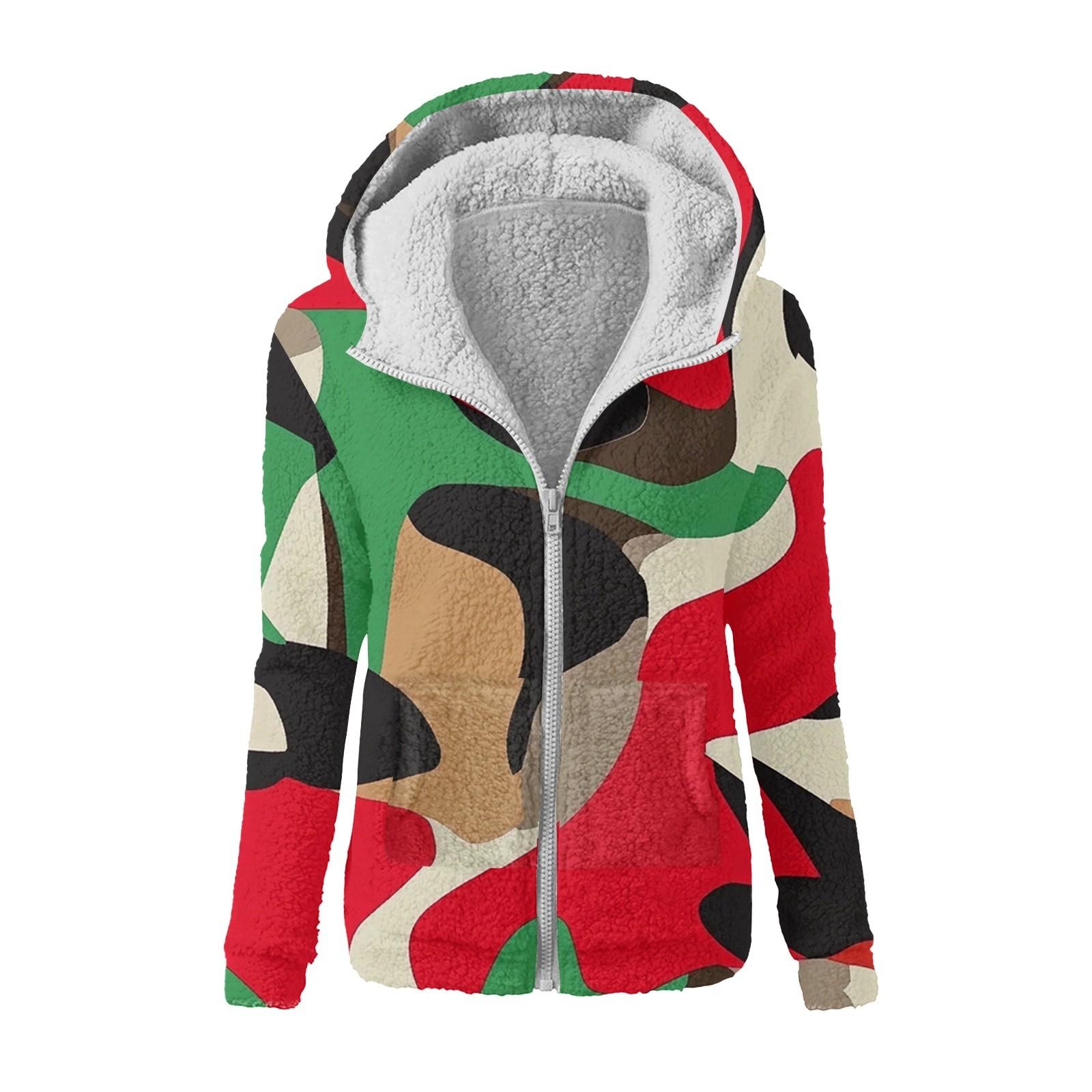 

Женская зимняя камуфляжная повседневная модная плюшевая куртка-свитер на молнии с капюшоном XL красный