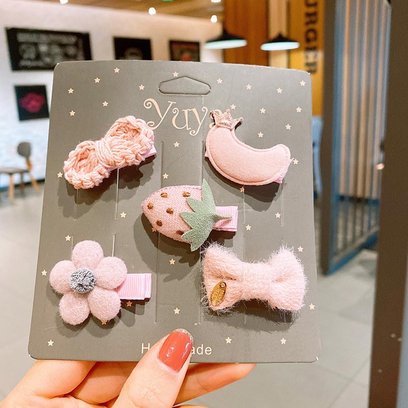 Pretty Hair Accessories for Baby Girls 5 PCS Mini Hair Clips Set Sweet Candy Color Bow Flower Fabric Side Clips