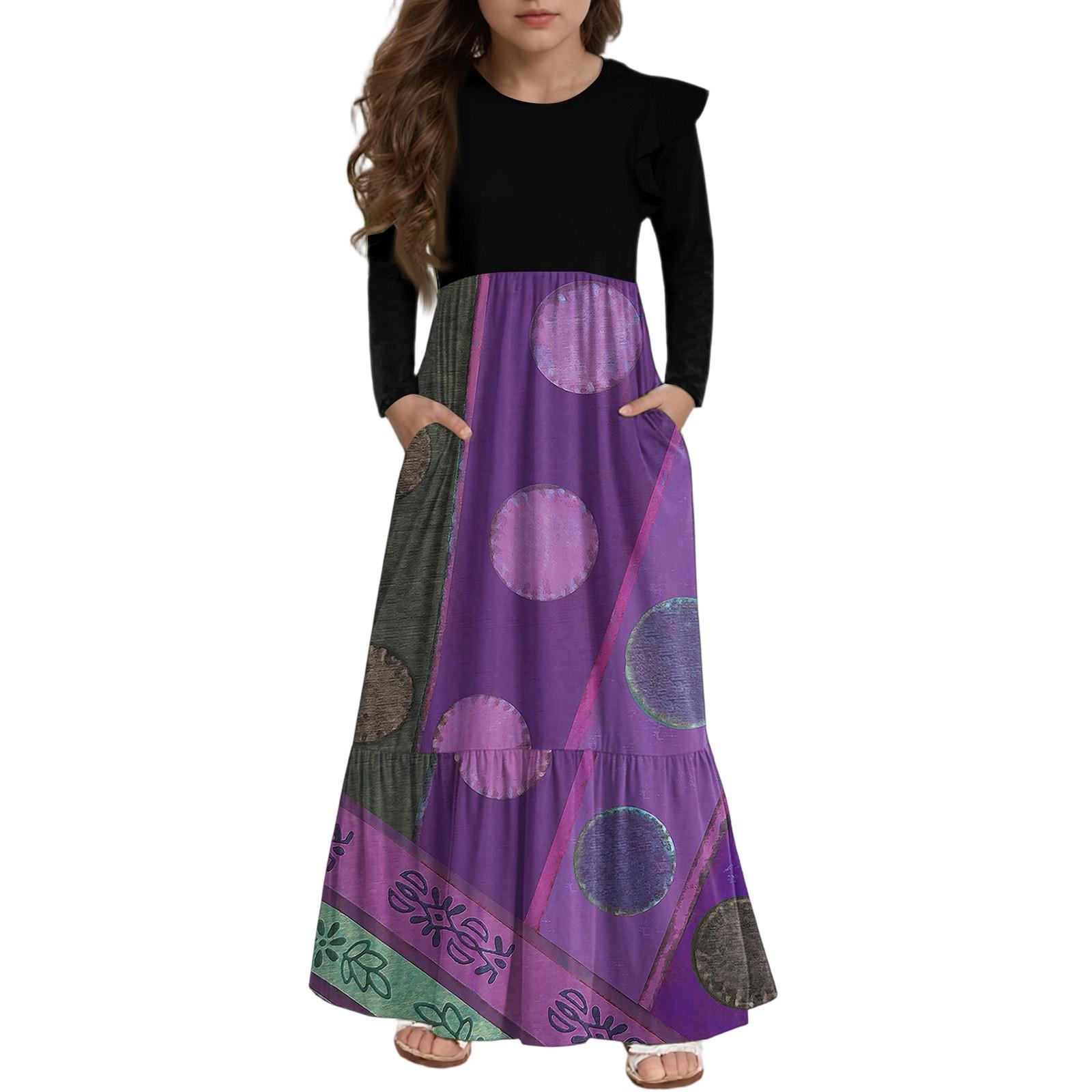 

Girls Tiered Ruffle Dress - Long Sleeve Printed Maxi With Pockets 150 фіолетовий