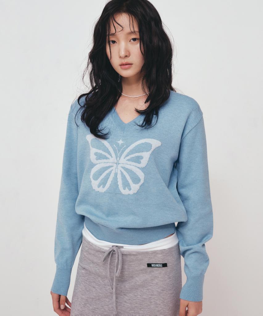 Nigaennikol Butterfly V Neck Jacquard Knit_Sky Blue