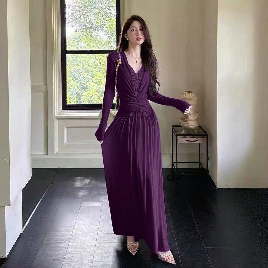 

French retro lace splicing V-neck long-sleeved dress women s autumn and winter new sexy and thin hip skirt XL фіолетовий