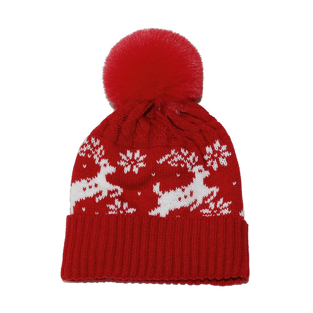 

Autumn and winter wool hat, plush thickened warm ski hat, elk snowflake Christmas knitted hat children M（56-58cm） красный