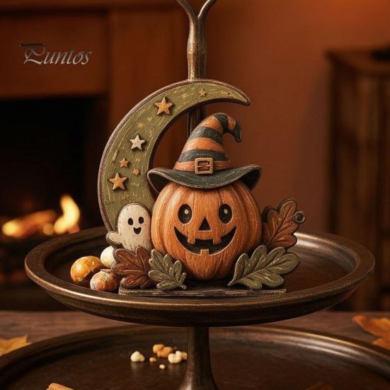 Vintage Fall Holiday Party Supplies Halloween Retro Pumpkin Witch Cat Ghost Figurines with Crescent Base, Spooky Rustic Tiered Tray Decor Wooden