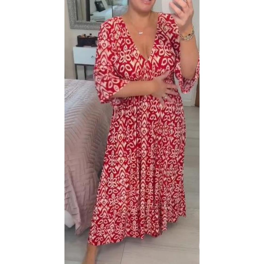 New Plus Size Floral V-neck Loose Long Dress, Fairy Style Beach Vacation Sundress In Stock