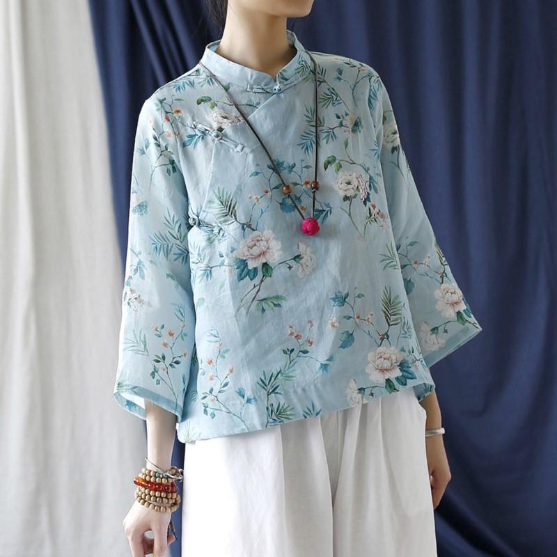 Johnature Chinese Style Linen T-Shirt Spring Summer Women Vintage Loose Long Sleeve Print T-Shirt