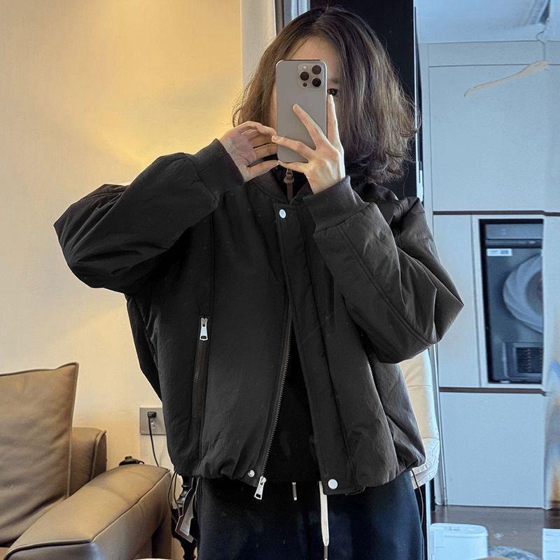 Trendy Women Cotton Coat Vintage Baseball Jacket Autumn Winter Fashion Zip Pocket Design Outerwear