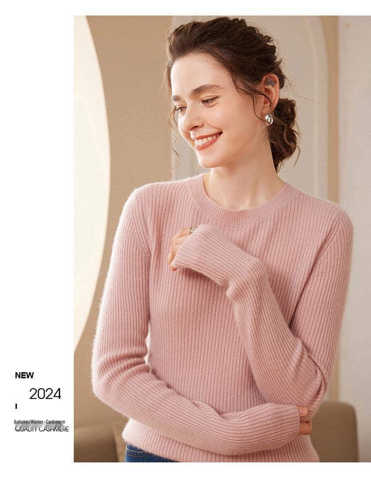 Women's Slim Fit Cashmere Striped Knit Pullover - Round Neck, Long Sleeve, Autumn/Winter Base Layer Sweater