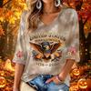 Women's Stylish V-Neck Halloween Print Three-Quarter Sleeve Casual Top for Party