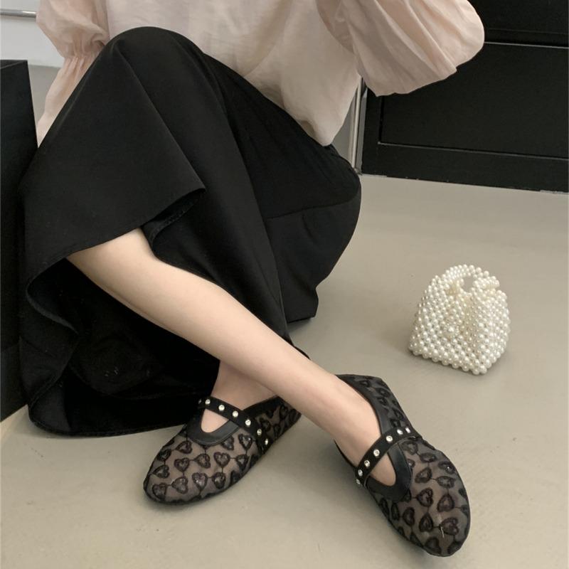 Flat Shoes Spring New Round Head Shallow Mouth Glitter Embroidery Mesh Crystal with Soft Sole Non-slip Shoes