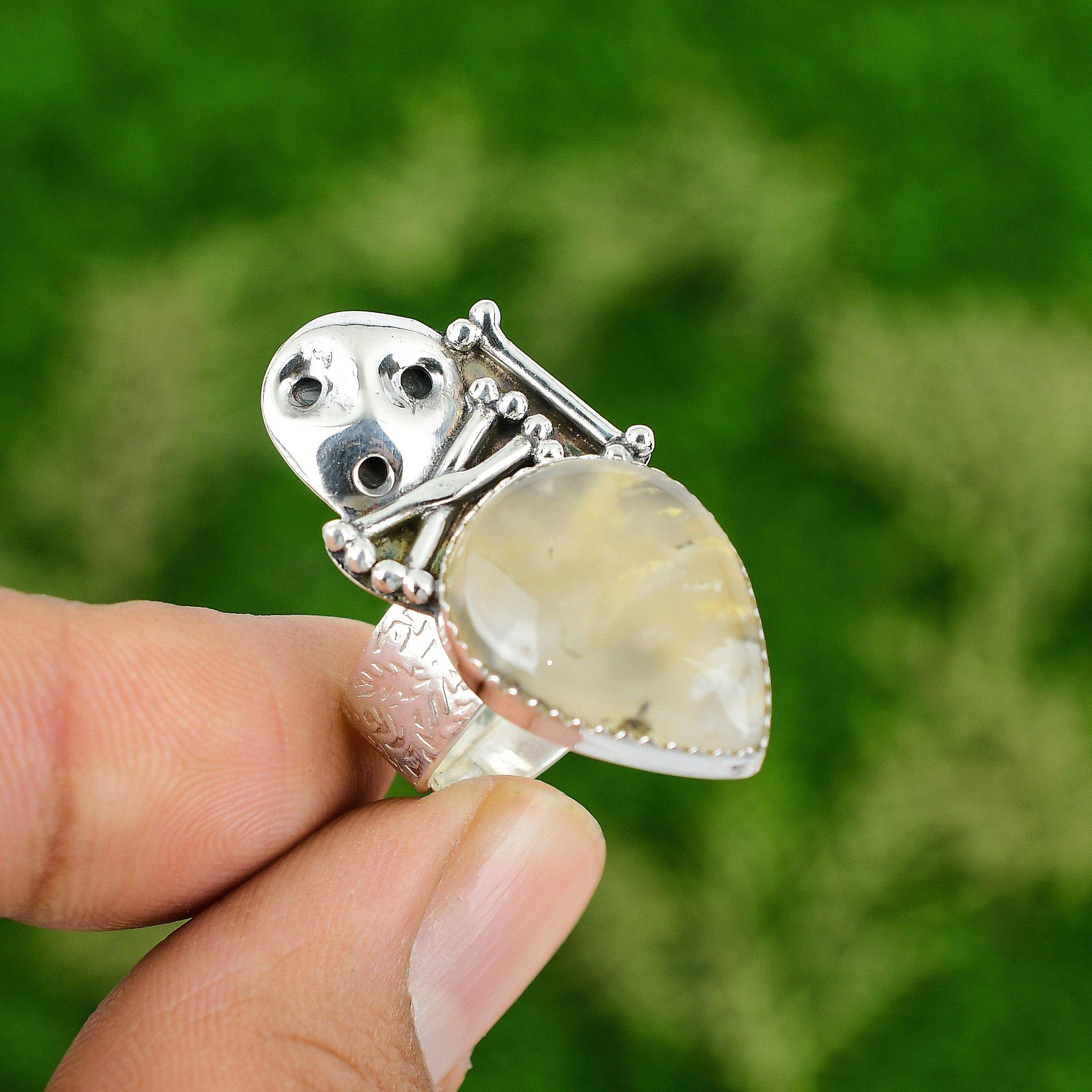 

925 Silver Natural Plume Agate Promise Skull And Bone Adjustable Ring Adjustable