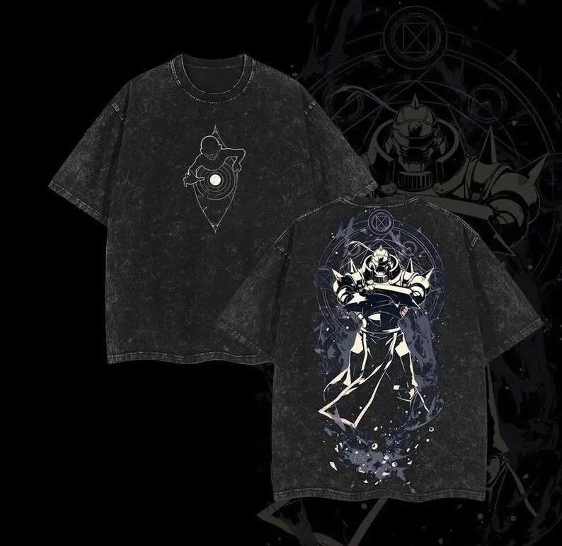 Hotblooded Anime Fullmetal Alchemist Edward Alphonse Graphic Print Tshirt Unisex Women Retro Washed Cotton Summer Oversized Tee