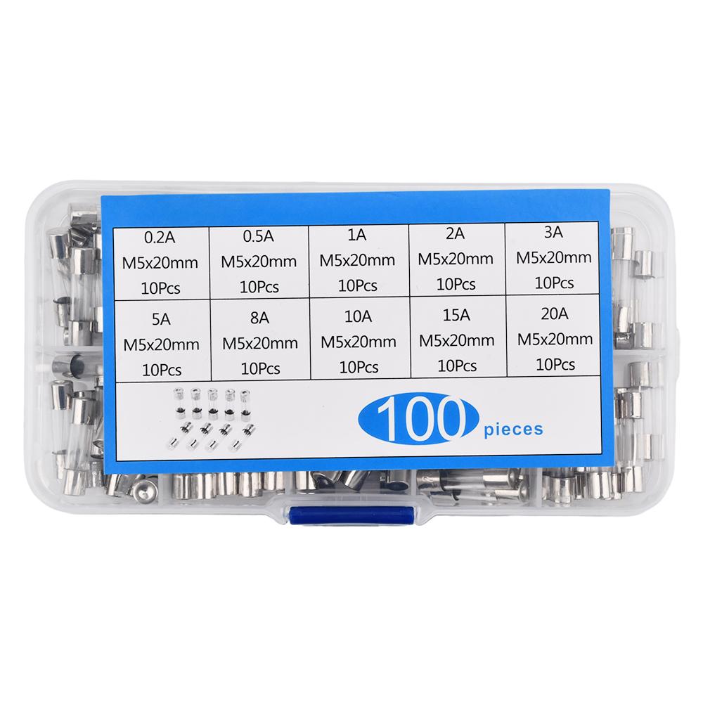 

100PCS Fast Blow Glass Fuse Box Kit 5x20 250V For Circuit Current Protection 5*20mm,0.2/0.5/1/2/3/4/5/6/7/8/10/15/20/25/30A