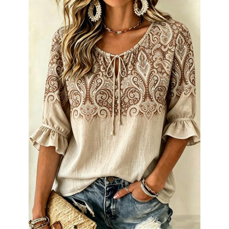 Women's Cherry Blossom Print Color Block Tie Neck Blouse, Ruffle Half Sleeve Feminine Top for Spring Summer Wear
