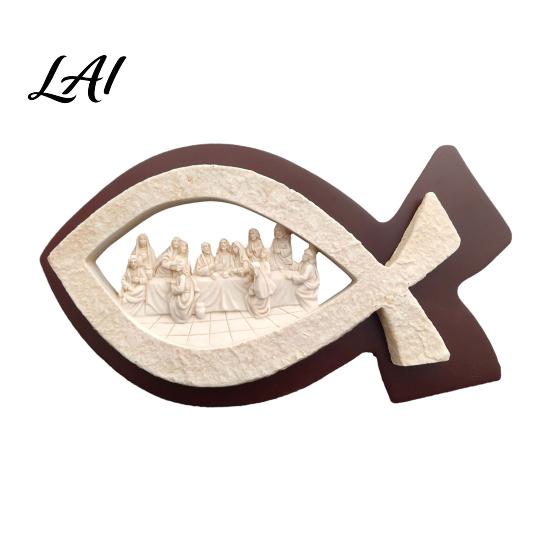 Religious Table Decor Fish Shape Last Supper Scene Statue Resin Sculpture Decorative Faith Unique Christian Gifts Art Ornament for Home Living Room