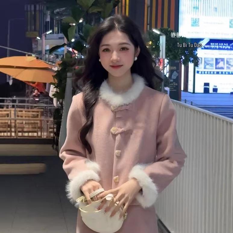 New Fur Collar Woolen Coat & Skirt Set - Autumn/Winter Rich Girl Style
