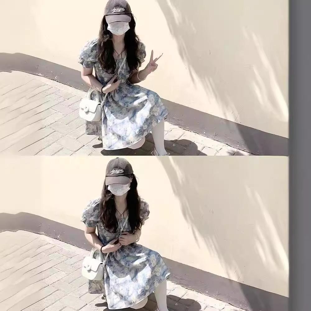 French Square Neck Puff Sleeve Floral Dress - Summer 2024 Waist-Slimming A-Line Skirt for Women