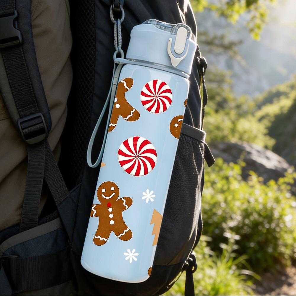 1PC Gingerbread Man Candy Christmas Print 750ml Color Plastic Sports Water Bottle Leakproof Flip Straw Lid Suitable for Sports Office Home Use