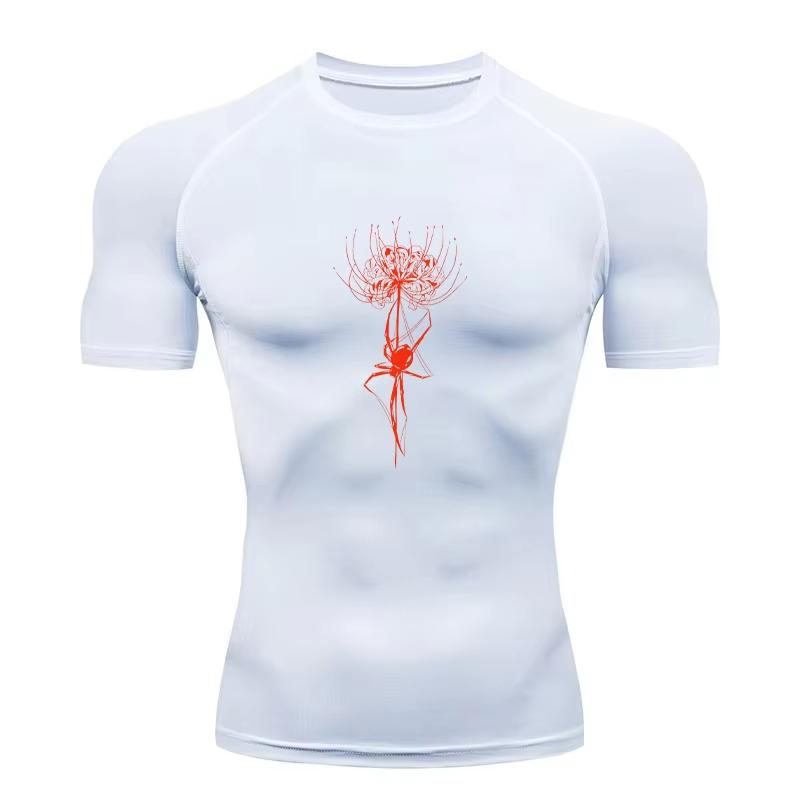Herren Kompressions-T-Shirt, Fitnessstudio Laufen Schnell Atmungsaktiv Trocken Enganliegende Sportbekleidung, Totenblumen-Aufdruck T-Shirt Kurzarm RL0546