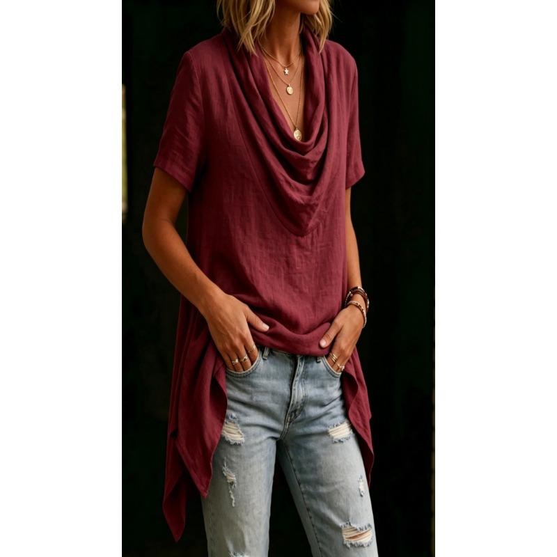 Women Casual Loose Cowl Neck Short Sleeve Asymmetric Hem Solid Blouse