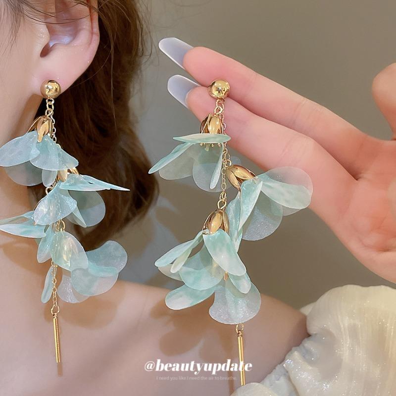Silver needle flower mesh long earrings Mori small fresh and sweet temperament earrings fashion niche design earrings