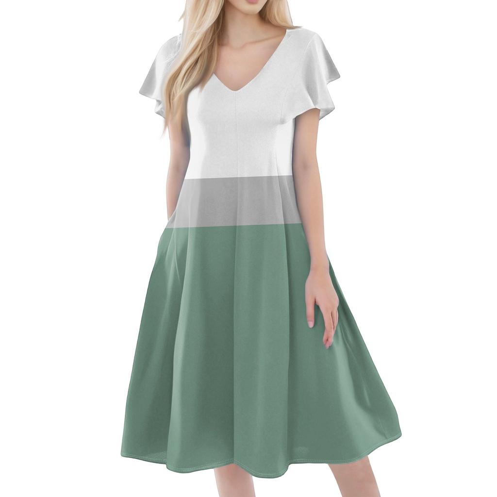 Women's Casual Fashion V-neck Short Sleeve Print Dress With Pockets