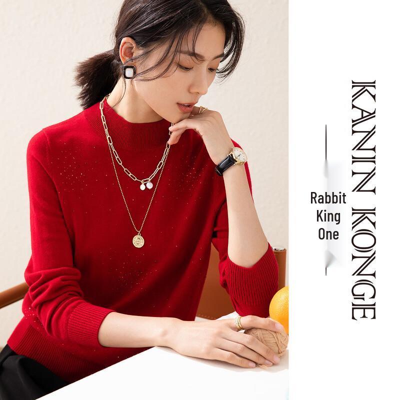 

TUHUANG Женский вязаный свитер из чистой шерсти с полувысоким воротником и стразами M