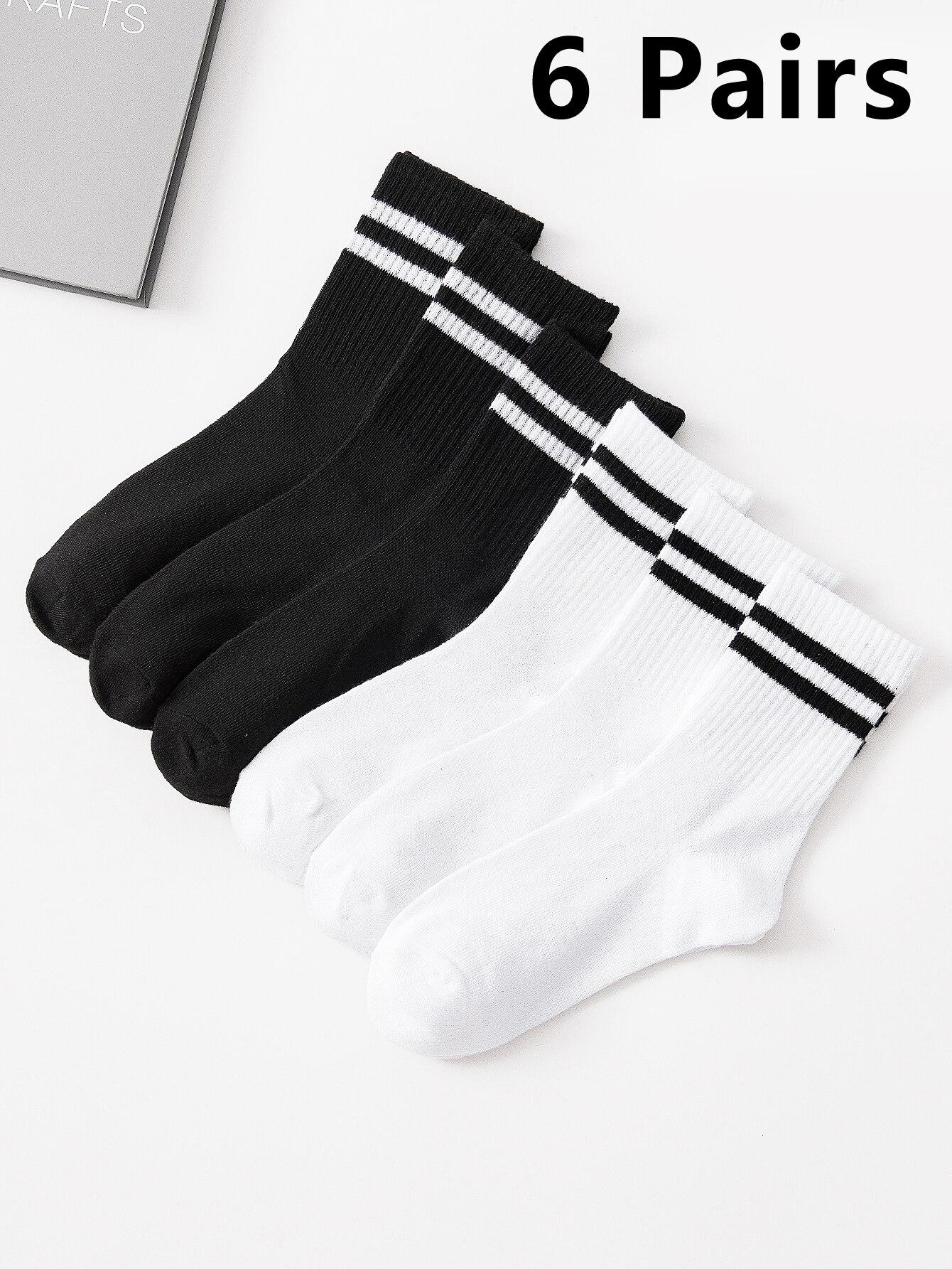 

6 Pairs Women S High Tube Mid Length Stockings Set In Pure Black And White With Parallel Bars Popular And Sweat Absorption Single code