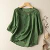 Women Summer Embroidered Round Neck Linen Cotton Blouse