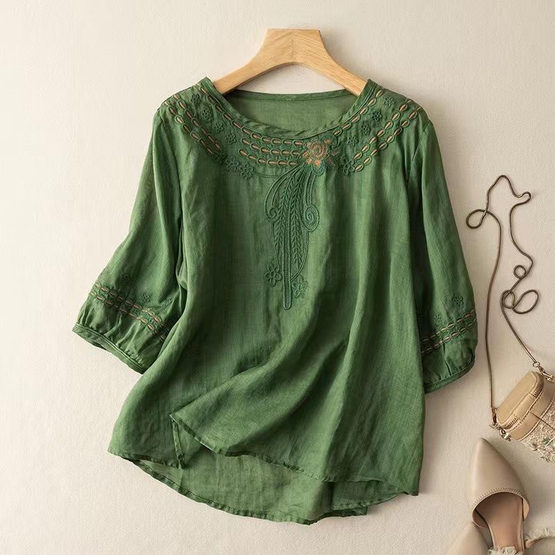 Women Summer Embroidered Round Neck Linen Cotton Blouse M