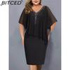 BITCED Women Plus Size V Neck Asymmetrical Buttocks Dress Chiffon Sequin Dress(L-5XL)
